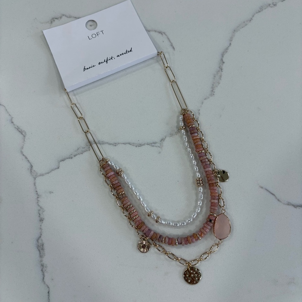 LOFT Pink Pearl & Gold Layered Pendant Necklace with Delicate Chains - Picture 10 of 10